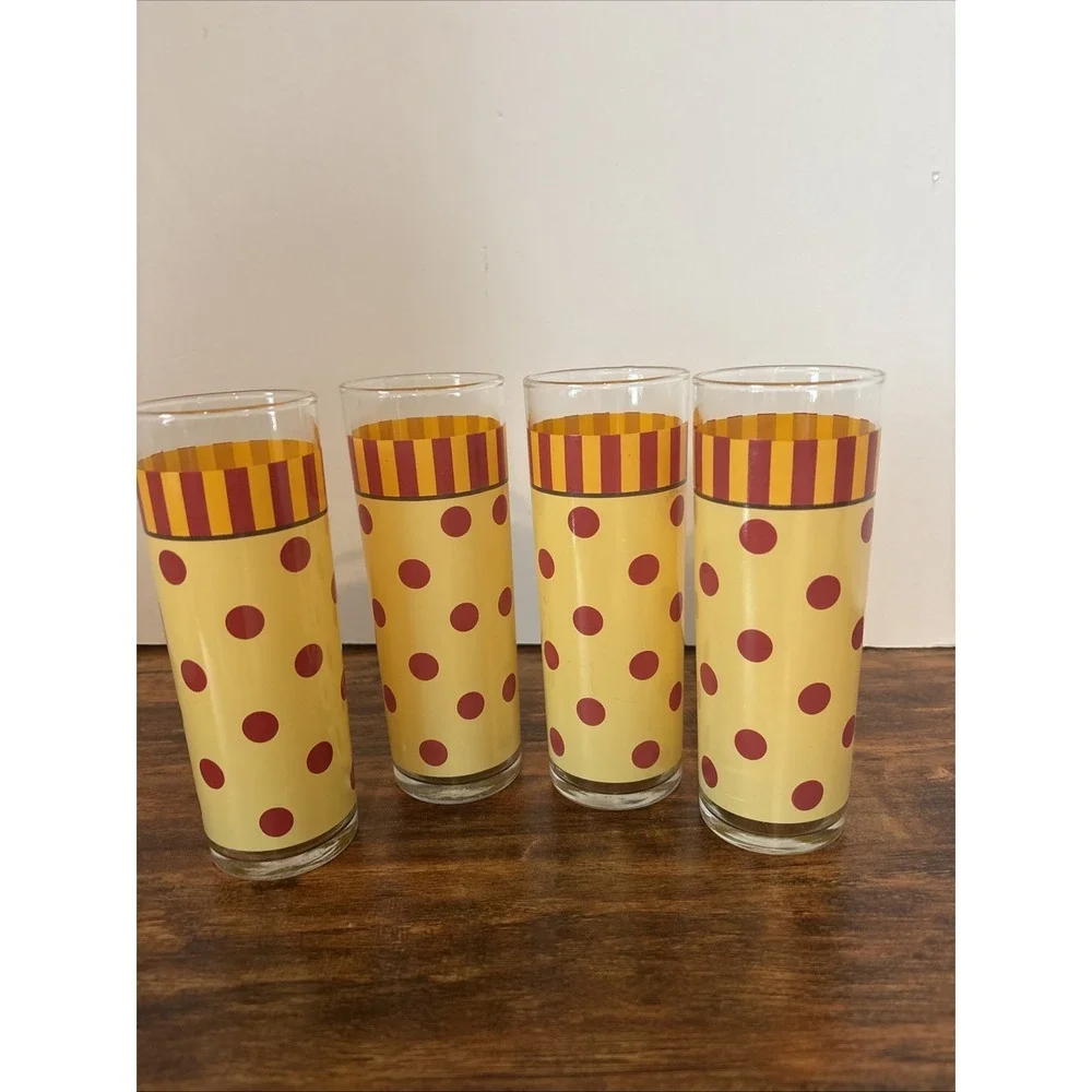 Set 4 Retro MCM Polka Dot Striped Yellow And Red Drinking Glasses Gail‎ Pittman